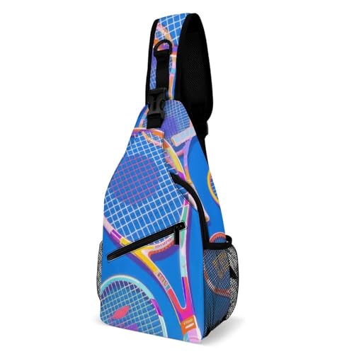Men Women Sling Shoulder Backpack Foldable Unbalance Shoulder Chest Crossbody Bag - Sports Tennis Rackets Balls Art Anti-Theft Multipurpose Rucksack Bookbag Backpack