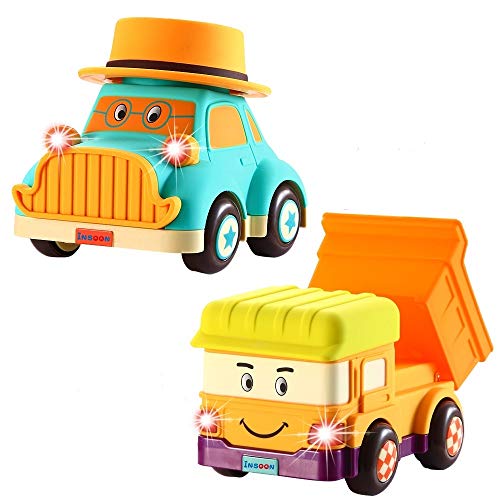 INSOON Toddler Toys Car and Truck Toys for 1 2 3 Year Old Baby Musical Car Toys with Universal Wheels 2 Pack Cartoon Car Toys for Toddler Boys Girls