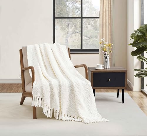 Image of CREVENT 50 inchX60 inch Farmhouse Breathable Soft Chenille Knitted Textured Throw Blanket for Couch Chair Bed, Boho Home Decor for Living Room (Ivory)
