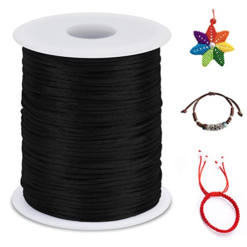 LEREATI Cola de Raton 1.5mm x 100m Cuerda Nylon Cordón de Satén Nailon, Hilo Macrame para Hacer Pulseras, Reborde, Joyería, Anudado Chino (Negro)