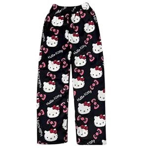 SASMoiyug Pyjama Hose Damen,Kitty kuschelhose,Lang Flanell Schlafanzughose Weich Kawaii PyjamasHose Anime Schlafhose Frauen Cartoon Casual kuschelhose Herbst-Winter (Black, M)