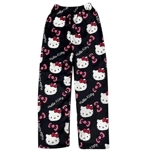Pantalon de pyjama Kitty Flanelle Doux Kawaii Anime Confortable Noir