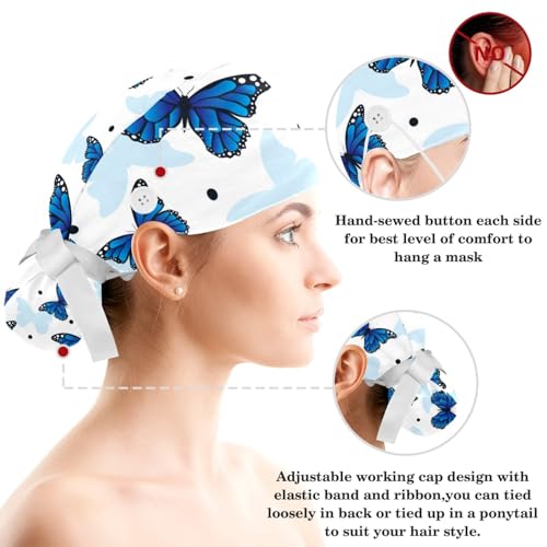 Image of Colored Butterflies Scrub Caps Women Ponytail, Adjustable Bouffant Surgical Caps with Button, Nurse Hats Long Hair