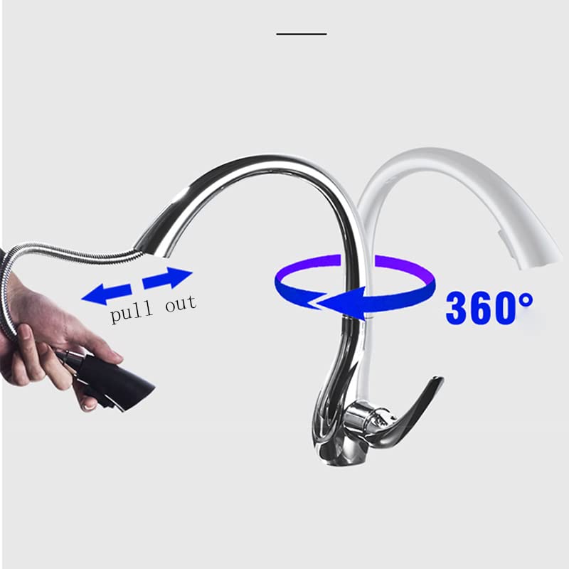 Grifo abatible para fregadero, Grifo de cocina extraíble un solo orificio con manija única y giratorio 360 ​​grados(White)
