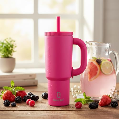Image of House of Quirk 1200ml Stainless Steel Tumbler with Handle, Straw & Straw Cap | Leakproof Water Bottle | Large Capacity Travel Mug (Fuchsia Pink)
