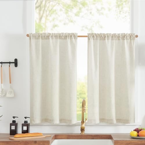 jinchan Linen Textured Tier Curtains 24 Inch for Kitchen Windows Country Farmhouse Cafe Small Curtain Rustic Light Filtering Half Curtains for Living