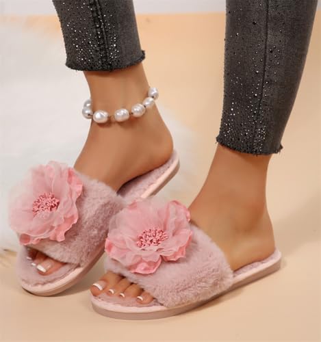 Rungion Womens Flower Open-Toe Plush Slippers Fluffy House Slip On Shose Cozy Breathable Outdoor Sandals Winter Slipper Gifts3