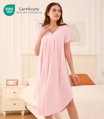 NACHILA Bamboo Viscose Short Sleeve Nightgown Soft V-Neck Sleepwear