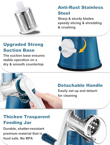 Image of Geedel Rotary Cheese Grater Cheese Shredder - Upgraded 5-in-1 Cheese Grater with Handle and Strong Suction Base, Multi-purpose Vegetable Slicer Ice Shaver Nuts Grinder for Cheese, Vegetables, Ice