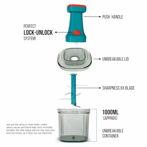 Image of TEKCOOL Manual Hand Press Push Chopper with 6 Blades for Effortless Chopping Vegetables & Fruits (Assorted, 1000 ml, Plastic);