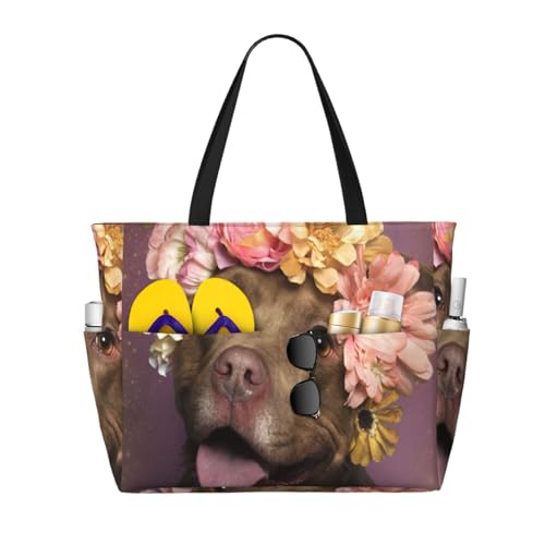 Sac de plage pitbull tendre fleurs roses le cabas des passionnées
