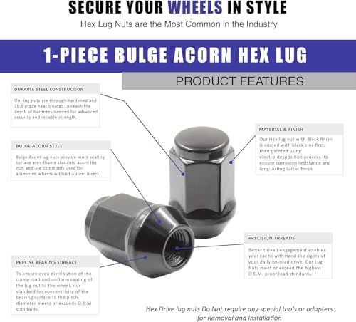 Image of Set of 24 Lug Nuts Closed End Bulge Acorn Lug Nut Style 1.38 inch Long Cone Seat 19mm (3 /4 inch) Hex Wheel Lug Nut (1 /2x20, Black)