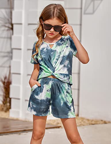 Image of Arshiner Girls Summer 2 Piece Outfits Tie Dye Short Sets Casual Twist Front Short Sleeve Tops and Pant with Pockets