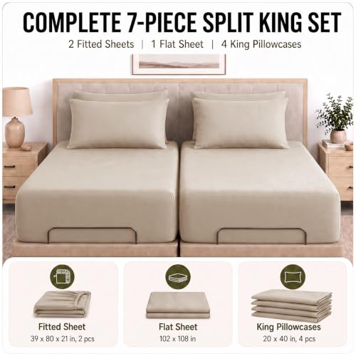 Image of CozyLux 7-Piece Split King Sheets, Fits 18-21 Inch Mattresses, Oeko-TEX | 4 Pillowcases, 1 Flat Sheet and 2 Fitted Sheets with All-Around Elastic, 21-Inch Deep Pockets for a Secure Fit, Wheat