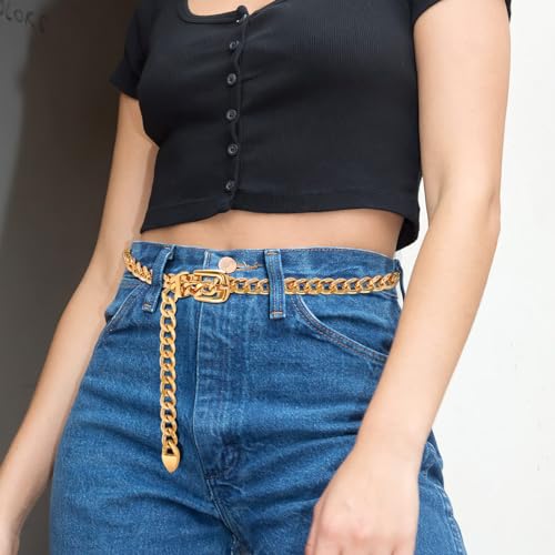 Women's Metal Waist-Chain-Belt Golden-Cowgirl-Belts Adjustable Waist Link Waistband for Jeans Dresses4