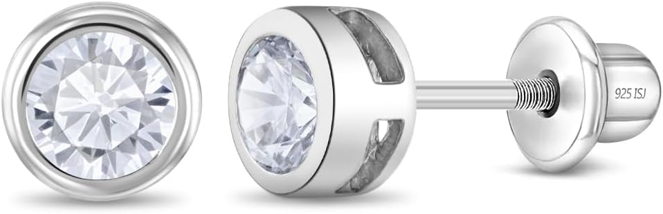 925 Sterling Silver Children's Clear 5mm Round Cubic Zirconia Screw Back Bezel Earrings. Excellent Earrings for Baby Girls, Toddlers and Little Girls