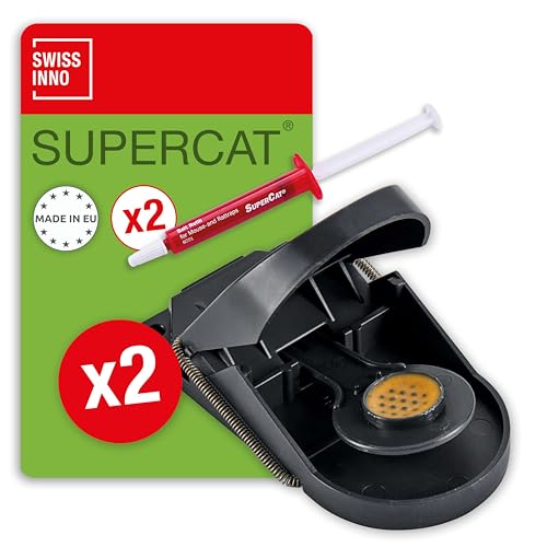 SWISSINNO Piège à Souris SuperCat - Tapette Souris - Efficace + Réutilisable avec Appât au Beurre de Cacahuète - Capture Rapide - Utilisation Intérieure et Extérieure - 2 Pièges + 2 Seringues d'Appât