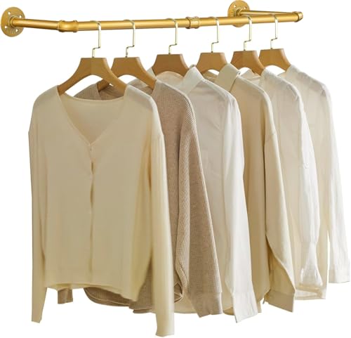 RSFMAS Wall Mounted Clothes Rack, Industrial Pipe Clothing Hanger 28 Inch Gold, Heavy Duty Wall Mount Closet Rod for Bedroom, Entryway, Laundry Drying Rack, Retail Display Clothes Rod