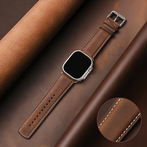 SUNFWR Leather Bands Compatible with Apple Watch Band 49mm 45mm 44mm 42mm for Men Women, Genuine Leather Replacement Strap for iWatch Ultra 2, Ultra, SE2, SE, Series 9 8 7 6 5 4 3 2 1 (Red by SUNFWR - Image 2