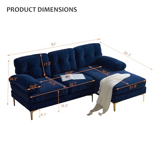 KIVENJAJA 83” L Shaped Sectional Couch, Mid Century Modern Velvet Small Sofa with Left Chaise & Tufted Backrest for Living Room Apartment Office, Blue