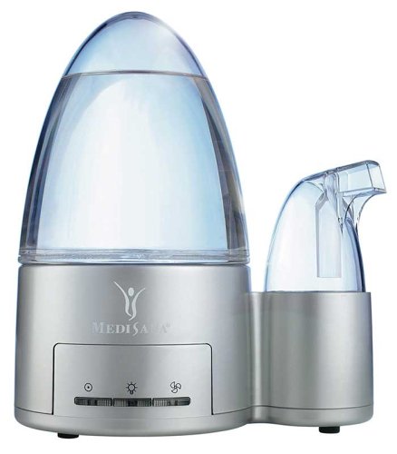 Medisana Ultrasonic Personal Humidifier, front view with blue LED light