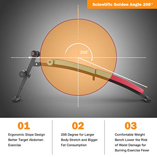 GYMAX Adjustable Sit up Bench, Folding Abdominal Training Slant Bench with Reserve Crunch Handle, Curved Decline Bench for Home/Gym (Red)