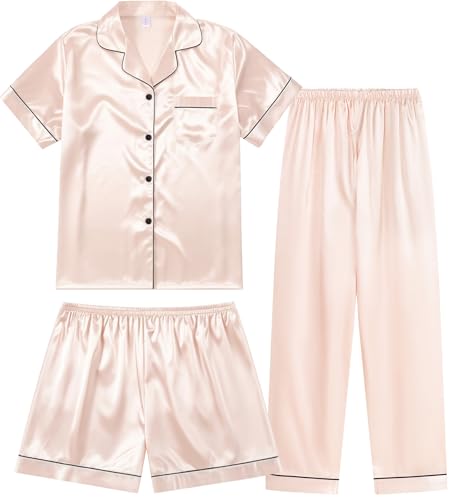 Image of 3 Piece Silk Satin Pajama Set for Women Soft Short Sleeve Button Down Pjs with Shorts Long Pants Sleepwear S-XXXL