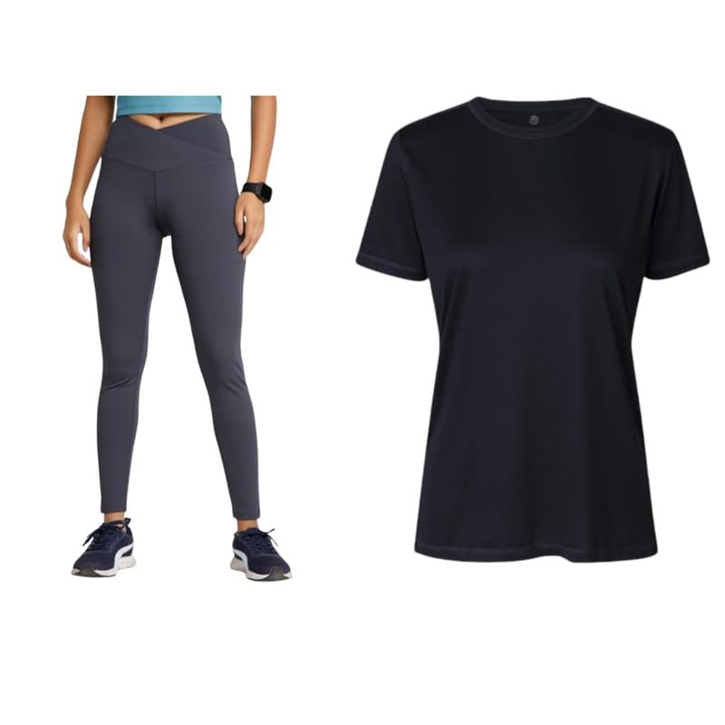 Black T-Shirt & Grey Crossover Leggings Set for Women - Soft, Comfortable & Stylish Casual Wear with High-Rise Elastic Waistband-image-26