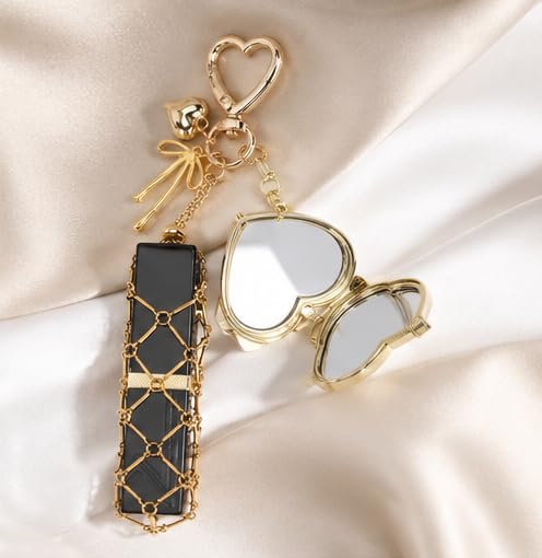 Image of Indiana Y2K Metal Lipstick Holder with Touch Up Mirror, Golden Heart-Shaped Clasp Design Portable Makeup Lipstick Balm Organizer Chic Bag Link Charm Accessories
