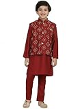 Superminis Boys Silk Blend Full Sleeve Kurta Pyjama with Printed Jacket Set (10-12 Years, Maroon)