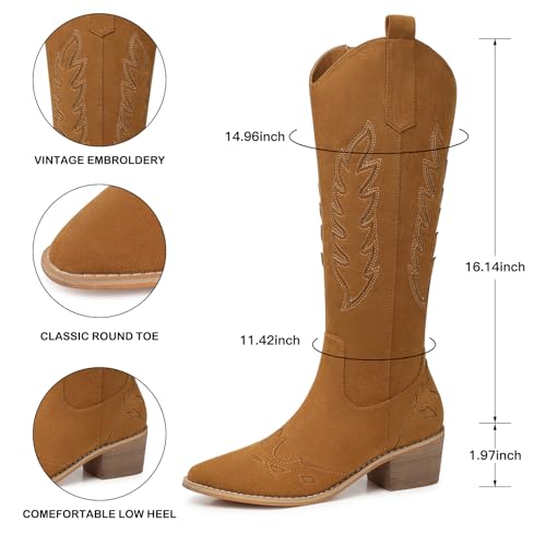Image of SHIBEVER Suede Knee High Cowboy Boots for Women Comfortable Tall Cowgirl Boots Zipper Low Heel Fall Winter Western Booties