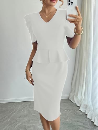 Image of Mokayee Womens Summer Puff Sleeve V Neck Peplum Church Business Work Pencil Dresses