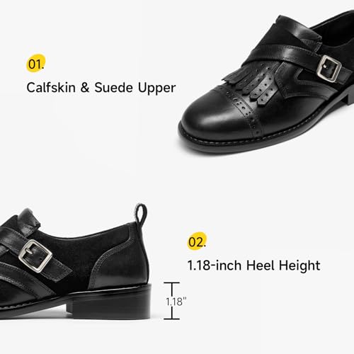 Image of BEAU TODAY Women's Leather Loafers, Wingtip Brogue Monk Strap Shoes | Genuine Leather, Round Toe, Low Heel, Metal Buckle, Non-Slip, Comfortable Business Casual Flats for Work and School
