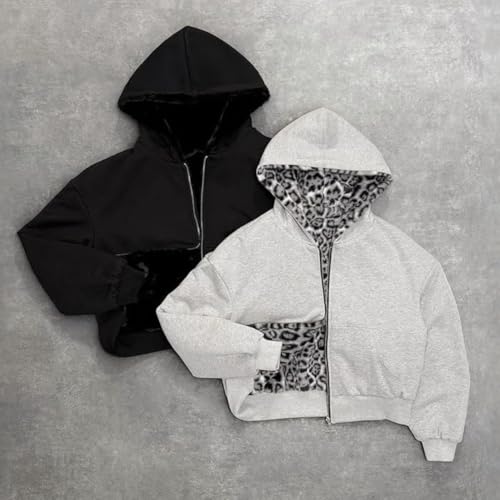 Reversible Zip up Hoodie Vintage Leopard Print Jacket Y2k Streetwear Fall Unisex Baggy Long Sleeve Hoodie with Pocket4