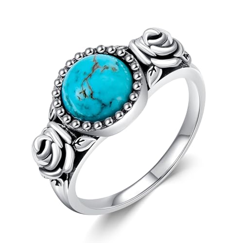 Rose Flower Ring for Women 925 Sterling Silver Genuine Natural Turquoise Vintage Rose Promise Statement Ring Ladies Jewelry Valentines Day Gift for Women Mother
