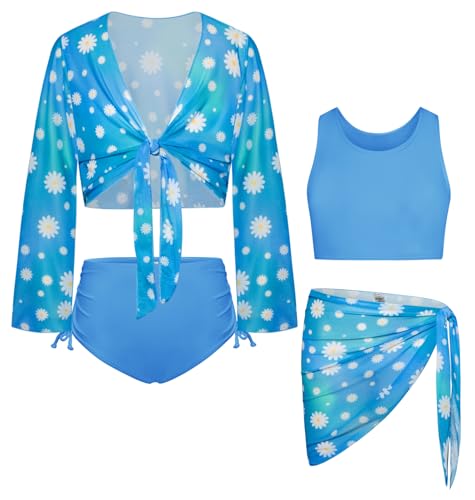Image of GRACE KARIN Girls Bathing Suit Adjustable Taniki Swimsuit Tie Front 4 Piece Bikini Set with Kimono Cover Up 6-14
