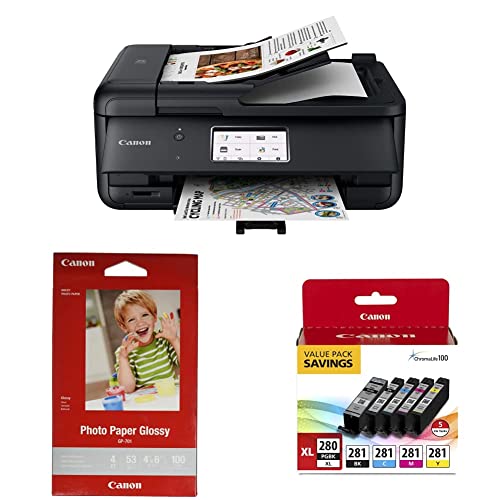 Image of Canon TR8620a All-in-One Printer, Black & Ink Glossy Photo Paper 4 inchx 6 inch 100 Sheets (1433C001) & PGI-280XL /CLI-281 5 Color Pack Compatible to TR8520, TR7520, TS9120 Series,TS8120 Series, TS6120 Series