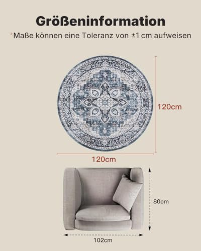 AMADA HOMEFURNISHING runder Teppich 120 cm, waschbarer Teppich Wohnzimmer rund mit Rutschfester Rückseite & langlebiger Kantenbindung… – Ansicht 2