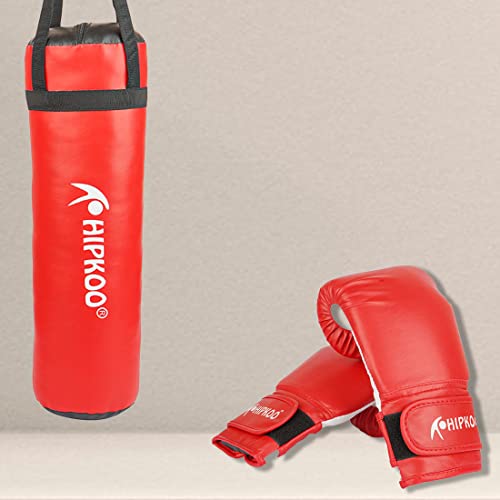 Image of Hipkoo Sports Boxing Combo Set | 1 Unfilled Punching Bag (3 ft) and 2 Boxing Gloves | Ideal for Men & Women for Boxing Training Gloves & Bag, MMA, Kickboxing and Sparring (Red)