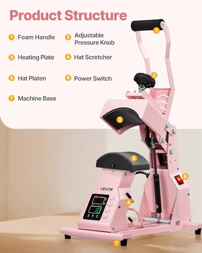 Image of VEVOR Hat Heat Press Machine, with 2pcs Interchangeable Platens, Precise Temperature and Time Control, Hat Press for HTV Iron On and Sublimation Projects, for Caps, Headbands, Cuffs, Face Masks, Pink