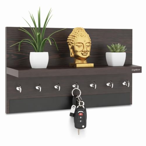 Captiver MDF Wood Wall Mounted Key Holder with Storage Stand (7 Hooks, Wenge)