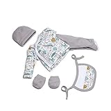 Incluye: 1 par de manoplas, un babero, un gorrito de primera puesta, una camisa y una polaina.