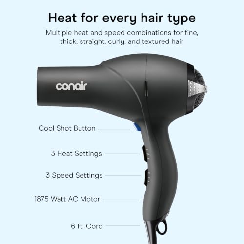 Image of Conair Salon Hair Dryer | 1875W AC Motor for All Hair Types, Includes Bonus Round Brush, Concentrator, Diffuser, Black with Bonus Brush, 259AMRY