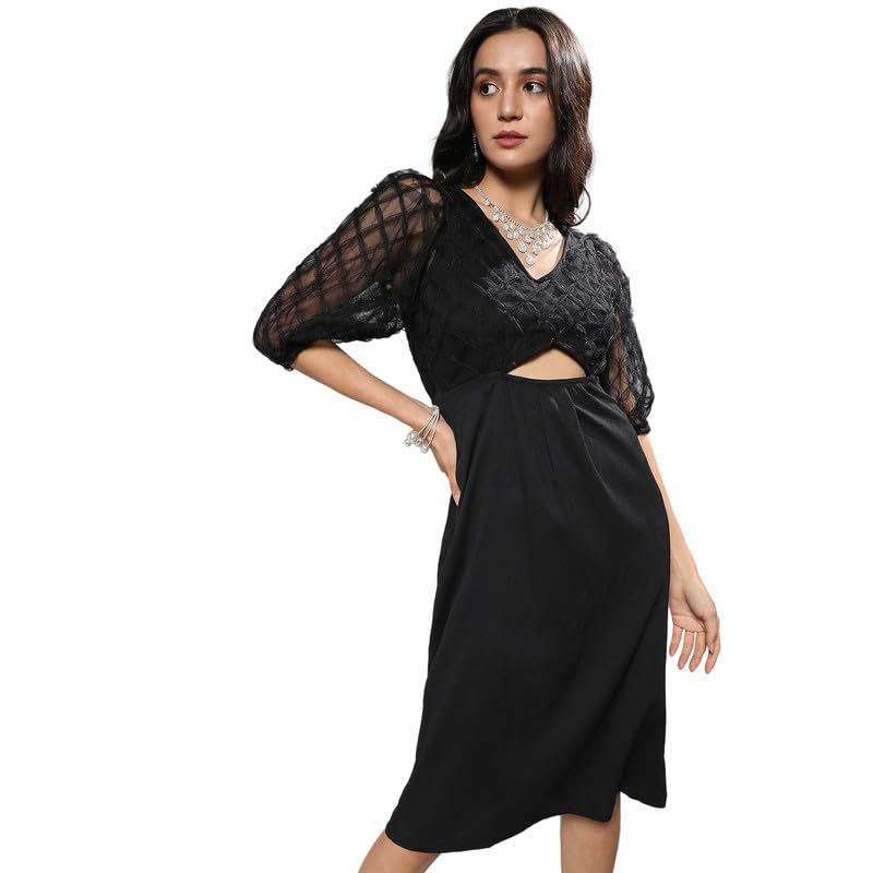 Image of PINACOLADA Women's Cut-Out Dress with Sheer Detail for Casual Wear | V Neck | Long Sleeve | Zipper Closure | Co-Ord Set Crafted with Comfort Fit for Everyday Wear