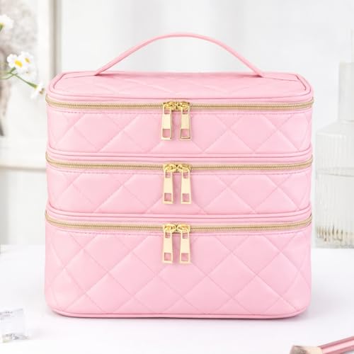 Image of Handcuffs Cosmetic Bag for Women 3-Layer Zipper Makeup Organizer with Carry Handle for Travel & Home | Multipurpose Vanity Box for Toiletries Make Up Accessories Brushes & Cosmetics (Pink)