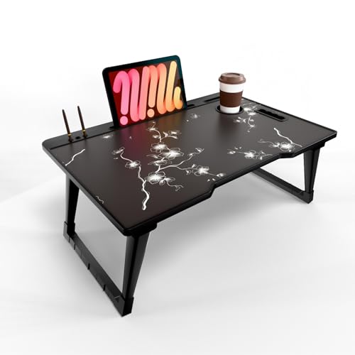 WONDWILD Foldable Wooden Mini Laptop Table for Bed, Study Table with Cup Holder, Tablet/Mobile Holder for Kids & Adults (US Flower)