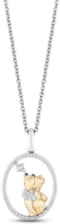 Round Cut White Diamond 925 Sterling Silver 14K Two-Tone Gold Finish Diamond Pooh & Bee In Circle Pendant Necklace for Women's