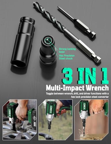 KIMO Impact Wrench 1/2 Cordless, 900ft-lbs (1200N.m), 4000RPM, 9-Piece Drill & Driver Set, 4 Sockets, Impact Drill for Car Tires, Safety Lock, 4000mAh Battery, Variable Modes Power Smart Impact Wrench - Image 3