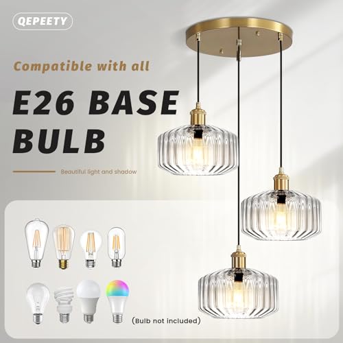 Image of 3-Light Glass Pendant Light Kitchen Island Mid Century Modern Pendant Gold Chandelier Clear Adjustable Hanging Pendant Lighting for Dining Room Light Fixtures Over Table, Living Room