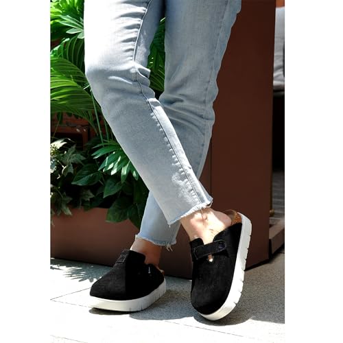 Image of Women's Suede Platform Clogs Leather Mules Slip On Indoor Outdoor Shoes | Arch Support, Cork Footbed, Adjustable Buckle,Water Resistant Upper,All Day Comfort